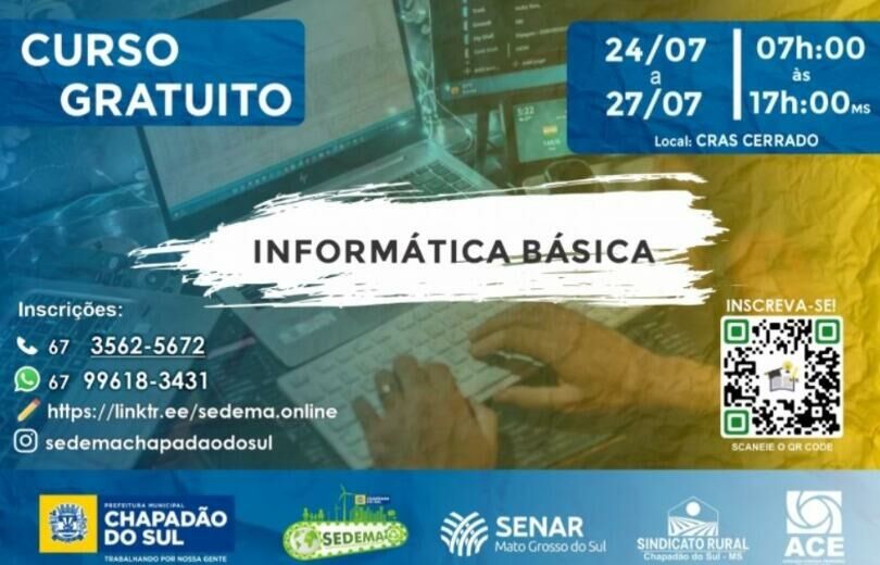 Imagem de compartilhamento para o artigo Inscrições abertas para curso gratuito de Informática Básica em Chapadão do Sul da MS Todo dia